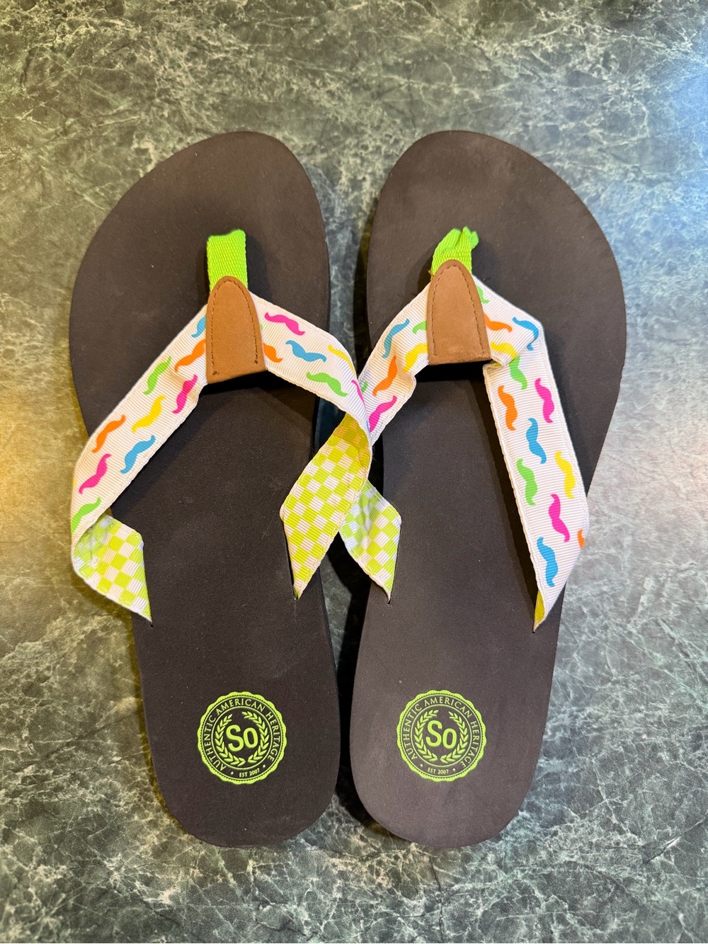 SO Black Flip Flops with Multicolor Wavy Strap and Lime Accents